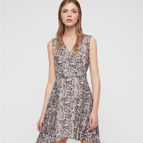 All Saints Miller Kukio Snakeskin Print Lace Ribbon Flare Dress - Picture 2 of 12
